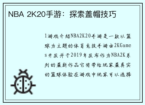 NBA 2K20手游：探索盖帽技巧